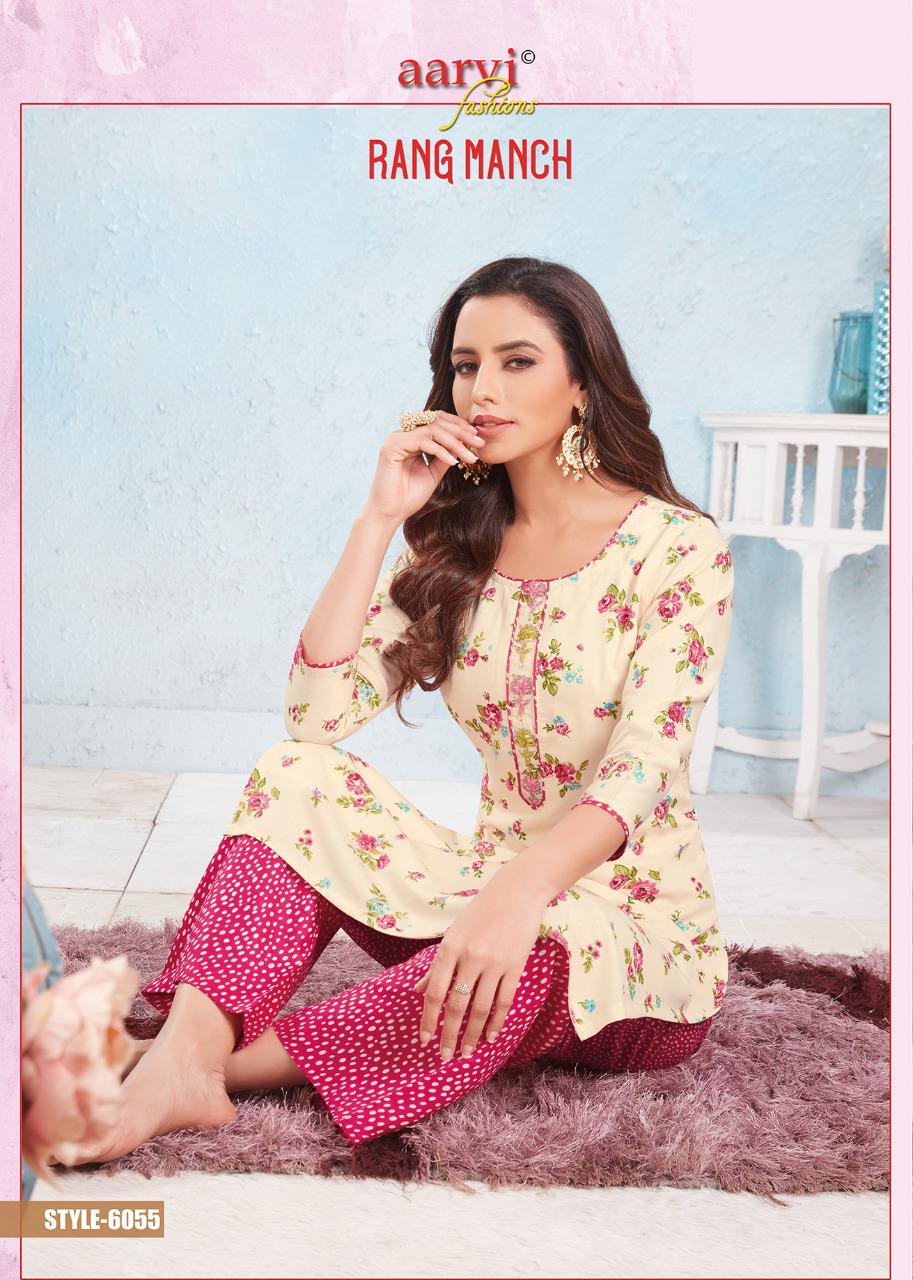 Aarvi Rang Manch Ethnic Wear Rayon Printed Kurti With Bottom Collection